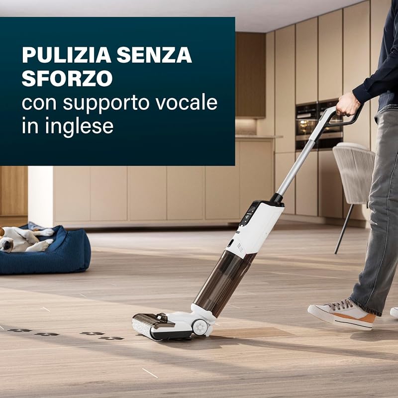 337010 AquaMotion Plus Lavapavimenti, 4 in 1 Aspira, Lava & Asciuga, Senza Fili, 50 Min Autonomia, Filtro HEPA, Autopulizia, 170W, 75dB, Display Intelligente, Base di Ricarica, Leggero