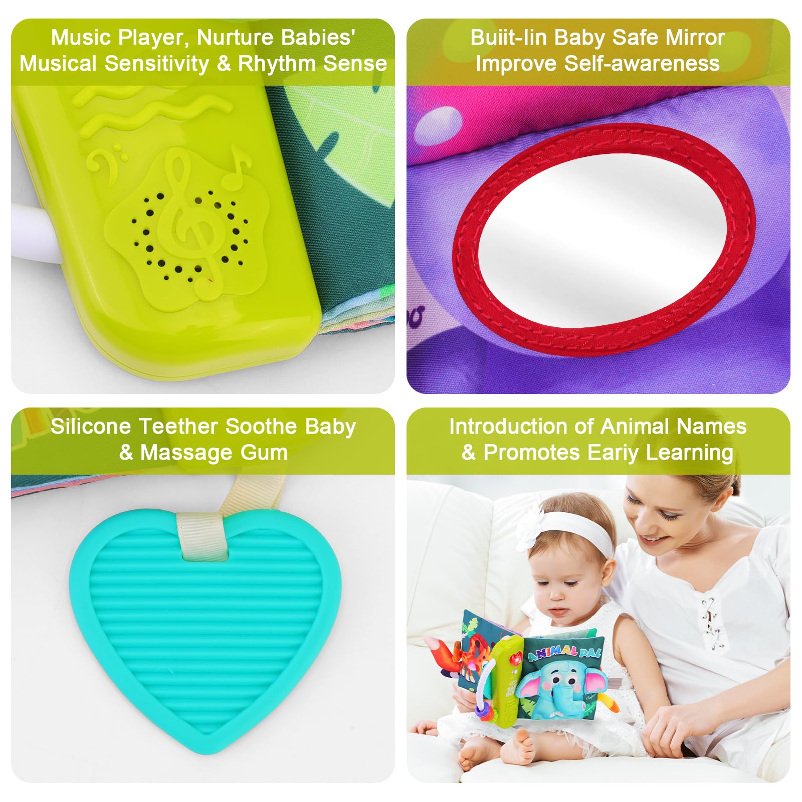 FPVERA Baby Cloth Book Sensory Books for Babies 0+ Months Baby Book for Toddlers Infant Toys Newborn Soft Cloth Touch Feel Tummy Time Book with Musical Boys Girls Early Learning Stroller Toy Gift