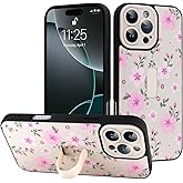 LEOMAKRON for iPhone 16 Pro Case with Finger Strap Kickstand,Cute Floral Pattern for Women Girls,Full Camera Protection Girly Flower Aesthetic Shockproof TPU Design,White Flower