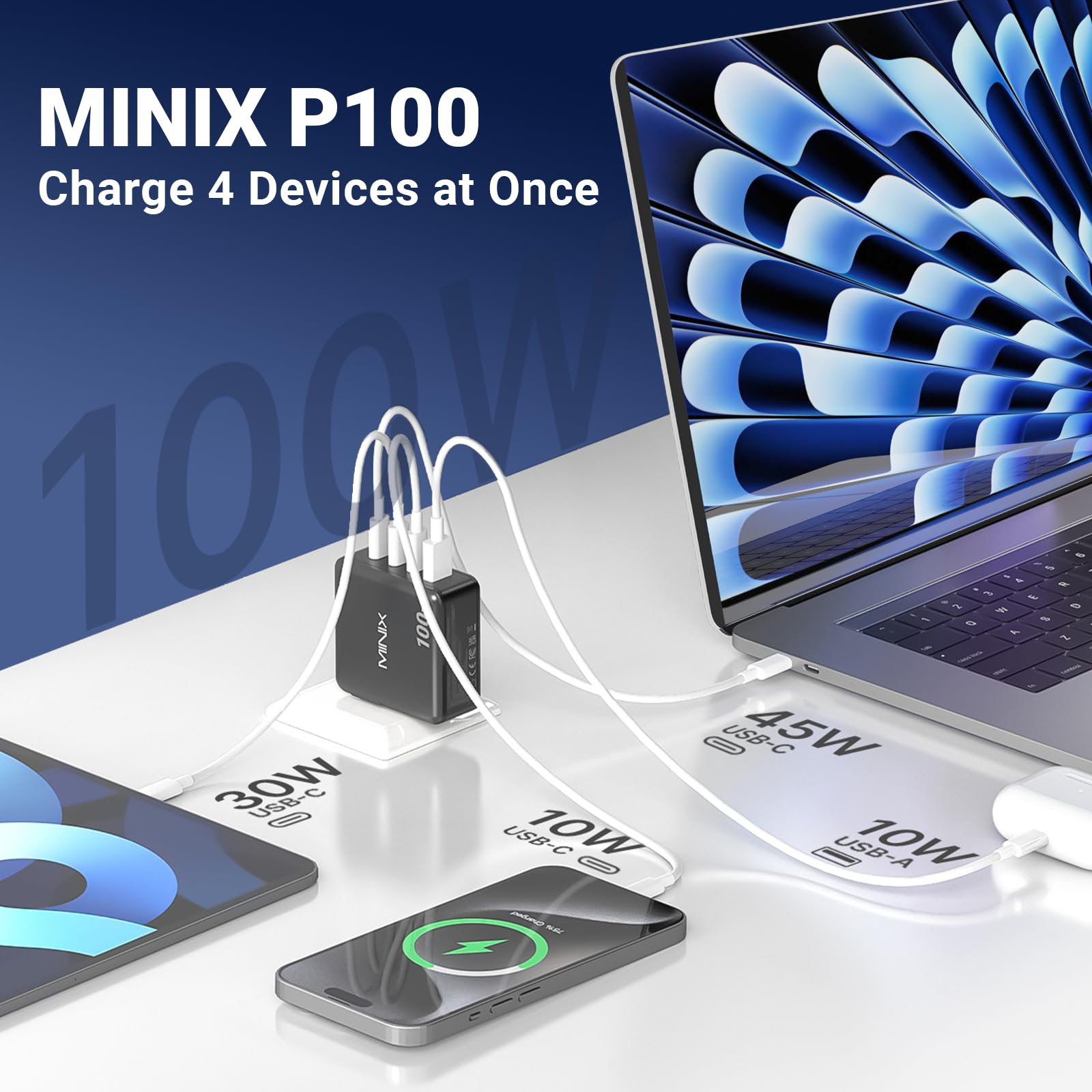 MINIX USB C ladegerät 100W, 4-Port USB-A/C Foldable Fast PPS Gan Charger (Max 100W/30W/22.5W), Compatible with MacBook Pro/Air, iPad, iPhone 15/16 Pro, Galaxy S24, and More for Home, Traveling 2