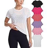 Sexy Basics Women's Crew Short Sleeve Tops | Semi Sheer Slub Burnout Fabric Workout T Shirts | Multi Packs & Colors