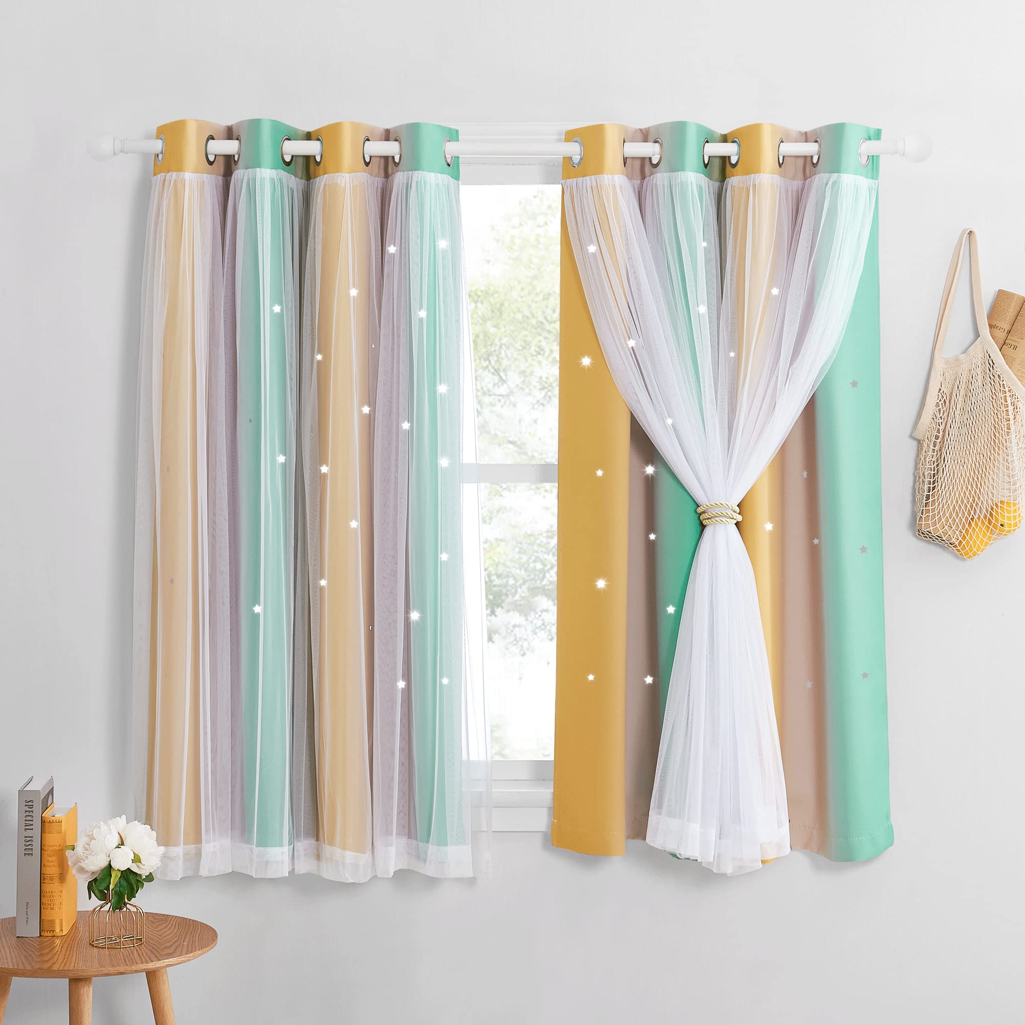 NICETOWN Blackout Star Curtains with Sheer - Thermal Curtains for Kids Bedroom Nursery Girls Living Room Rainbow Drapes with Eyelet for Windows, 2 Panels W52 x L54 Inch (132x137 cm) Yellow Pink Green — image 1