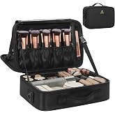 Relavel Makeup Bag Travel Train Case Cosmetic Organizer with Divider, Black | Large Storage Box with Adjustable Dividers and Brush Compartment for Cosmetics, Toiletries, Nail Polish, Jewelry, Electronic