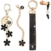 3PC Initial Letter Keychain Cute Black Flower Key Chain Purse Backpack Bag Car Stanley Charms, Bling Wristlet Keychains