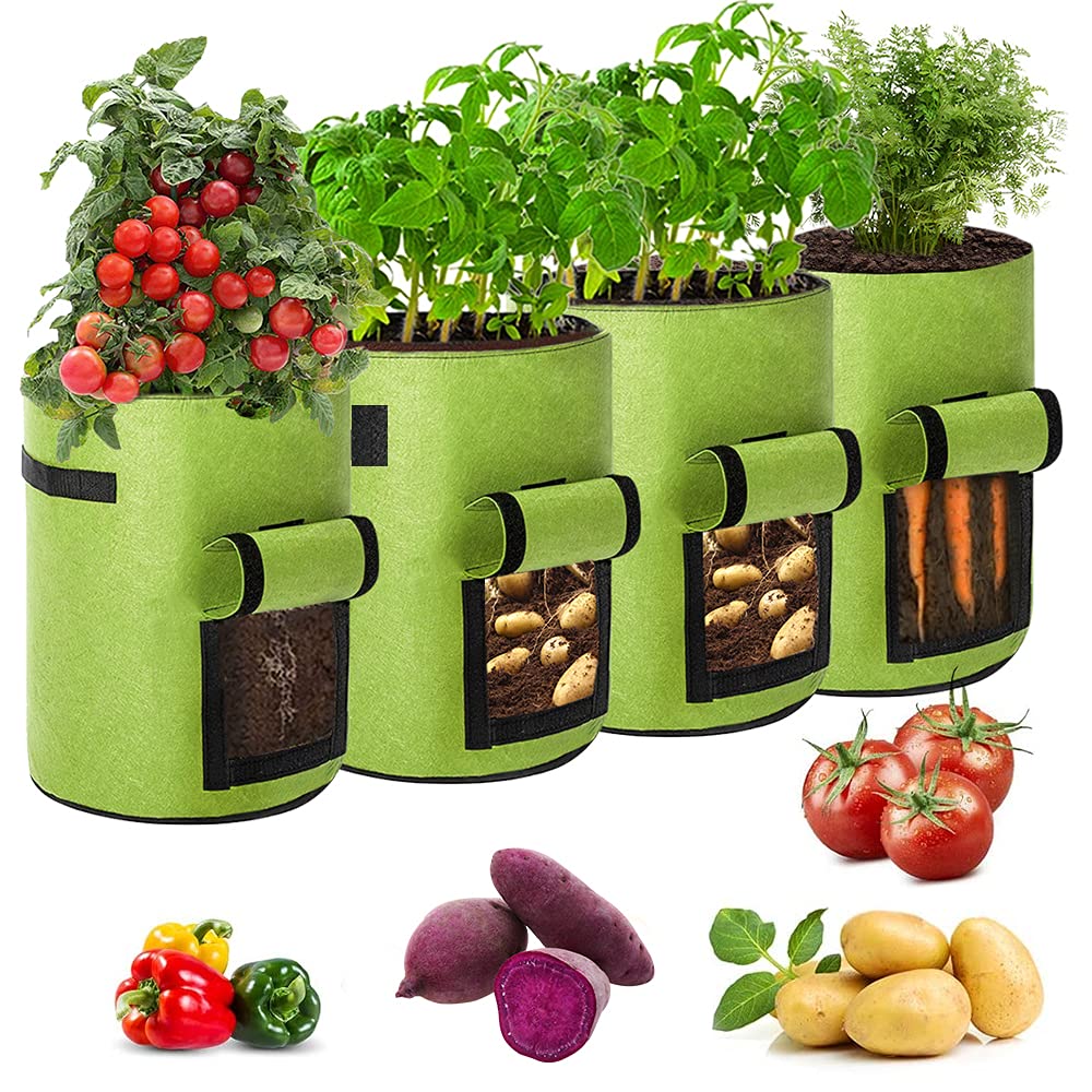 Airsnigi 10 Gallon Potato Grow Bags, 4 Pack Plant Grow Bags with Flap Window Handles Vegetable Growing Bag for Vegetables, Fruits, Garden, Outdoor, Green
