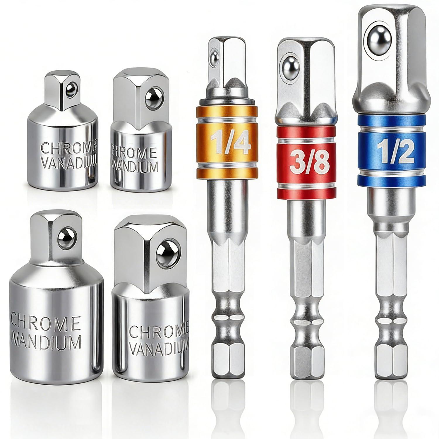 EVANCE 7pcs Impact Adapter and Reducer Set Extenson Set Drill into High Speed Nut Drill, 1/4", 1/2", 3/8" 3PCS Socket Adapter and 4PCS Adapter Converter(Sliver)