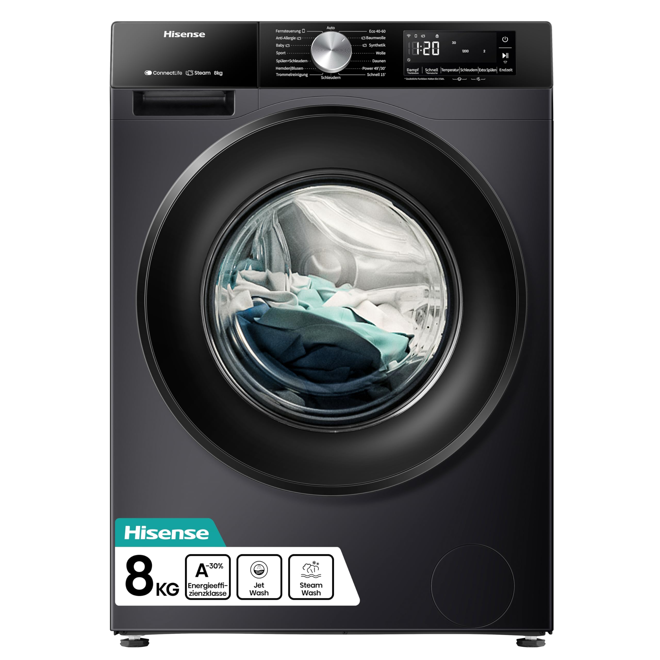 Hisense WF3S8043BB3 Waschmachine mit Dampffunkunktion, 8 kg, 1400 U,min, WIFI, ConnectLife, Power JetWash, Anti-Allergie Programm, Aqua Stop, Auto Wash, Quick Wash, EEK A-30 Prozent