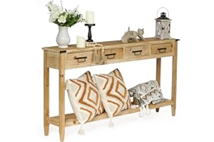 RUSTOWN Farmhouse Console Table with 4 Drawer, 60" Long Rustic Entryway Table with Open Storage Shelves and Handmade Metal Handle, Narrow Foyer Sofa Table for Living Room, Entryway, Hallway(Natural)
