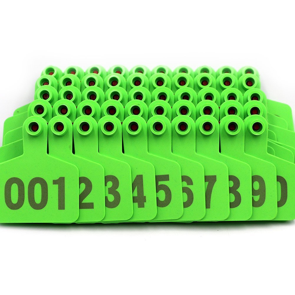 Numbered Livestock Ear Tags 001-100 Green, Plastic Identification Tags for Cattle Cow Horse Pig Goat Sheep Farm Animal