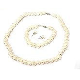 Genuine Natural Freshwater Cultured Pearl Necklace Set 18" + Bracelet Stud Earrings 8-8.5mm Round Baroque Pearl Individually Silk String Handknotted SOLID Sterling Silver Real Pearl Jewelry for Women