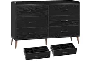 Rolanstar Drawer Dresser Quick Install, 6 Wooden Drawers Storage Dresser with Set of 4 Foldable Drawer Dividers, Modern Chest of Drawer with Anti-Tipping Device, Bedroom, Black