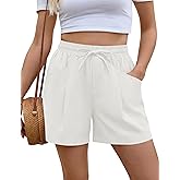 AKEWEI Linen Shorts Women Casual Wide Leg High Waisted Summer Pants Comfy Elastic Waist Drawstring Shorts with Pockets