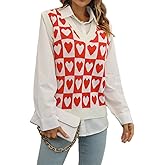 AMOMA Women's V-Neck Y2K Cable Knit Sleeveless Pullover Argyle Plaid Knitted Sweater Vest(S,3015-HeartRed)