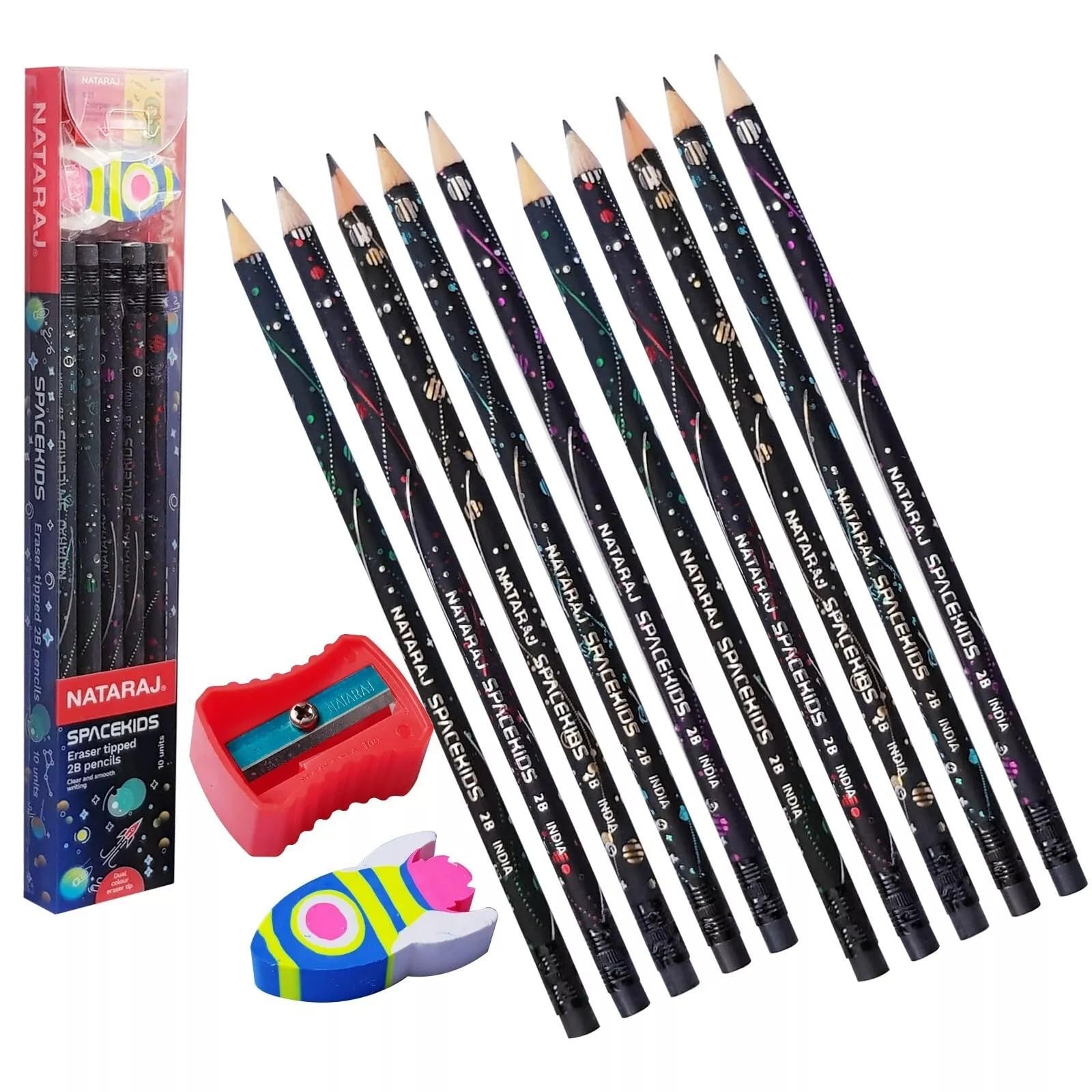Nataraj Writing Pencils, Platinum, BLACK Bonded Lead, Pack of 24, 2B Wood Rubber Eraser Tip Dark Pencils, Sharpener, School Home Children Kids