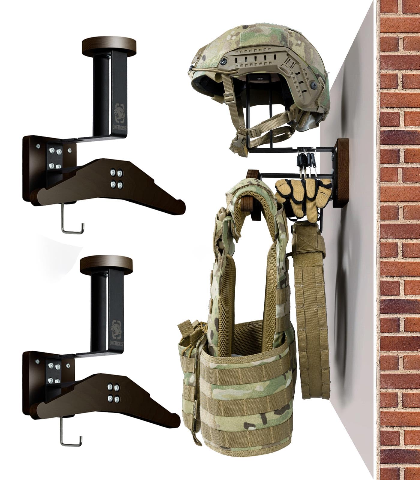 ONETIGRIS Tactical Gear Wall Mount, Motorcycle Helmet Holder Wall Mount Stand, Plate Carrier Rack Jacket Hanger Display Organizer for Police Football Cycling Suit Image