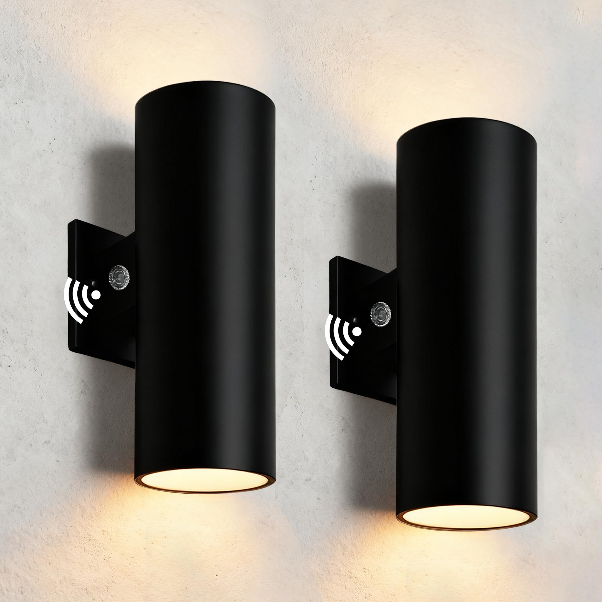 Photo 1 of JYV Dusk to Dawn Outdoor Wall Lights, 12'' Up and Down Integrated LED Cylinder Exterior Lighting Fixtures, 23W 3000K IP65 Waterproof Wall Sconces for House, Garage, Patio, Porch, 2 Pack Black