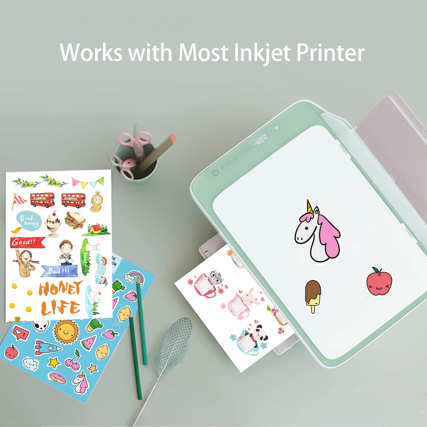 Gwybkq Premium Printable Vinyl Sticker Paper for Inkjet Printer,80 Sheets Matte White Waterproof Decal Paper, 8.5x11 inches,Dries Quickly and Holds Ink Beautifully