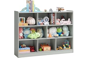 ONIRW 3-Tier Bookshelf, 8-Section Wooden Bookcase, Storage Organizer with Anti-Tilt Device, Modern Storage Display Cabinet for Living Room, Classroom, Kid’s Room (Grey)