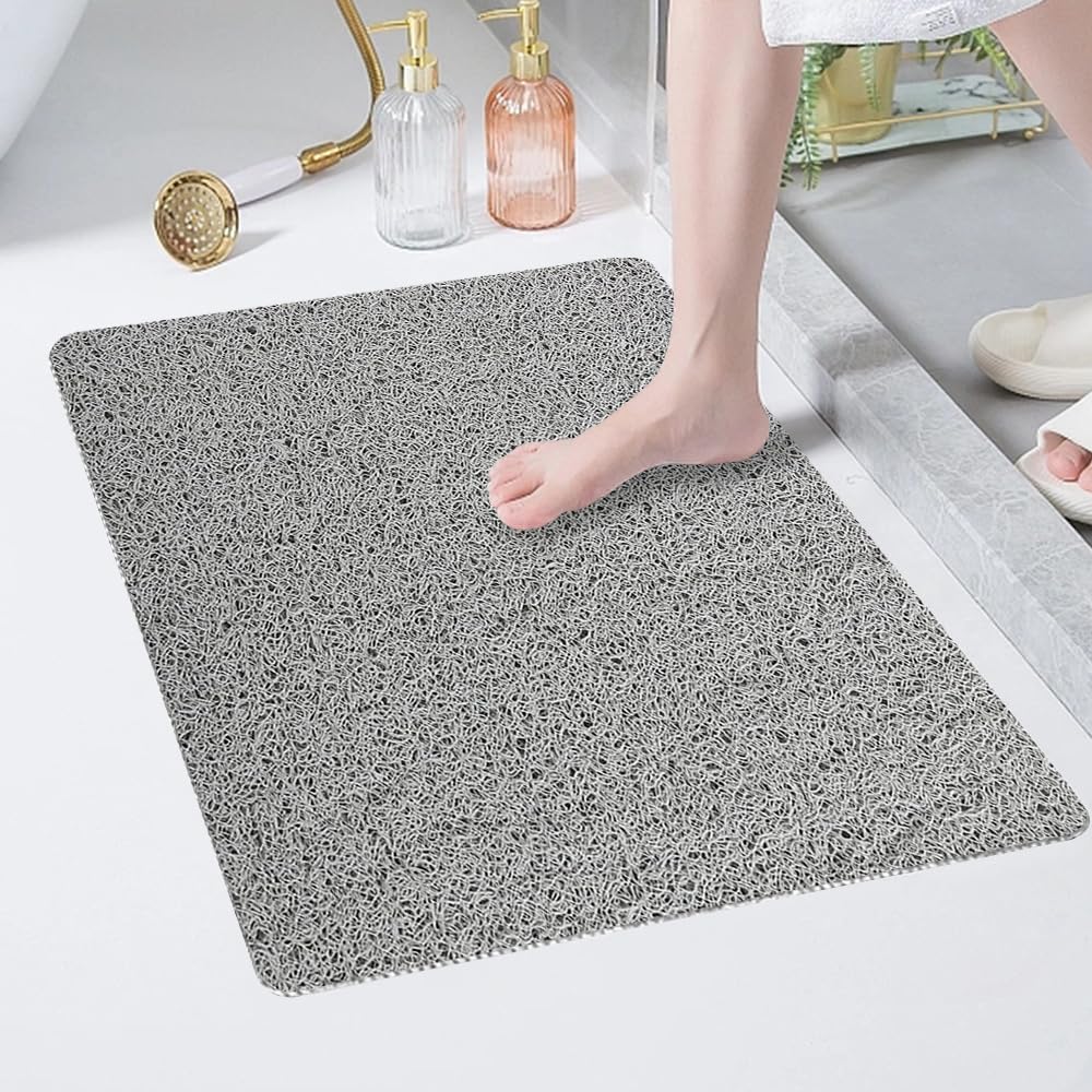 Shower Mat Non Slip 60x80cm, Soft Comfort Bath Mat with Drain Holes, PVC Loofah Massage Safety Non Slip Bath Mat for Shower in Wet Areas, Quick-dryin (Grey)