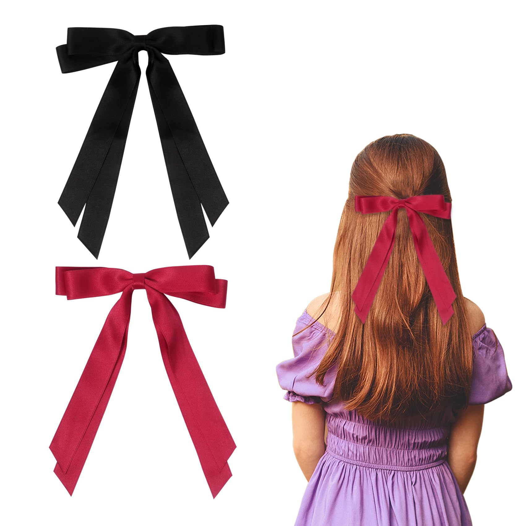 2 Pack Hair Bows for Women, Black Bow Hair Clips French Barrette with Long Silky Satin Hair Ribbons for Women Girls(Black, Red)