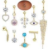 ZELORES 9pcs 14G Belly Button Rings for Women: Surgical Stainless Steel Navel Rings - Butterfly, Evil Eye, Heart, Tassel, Dangle Set - Gold Belly Button Piercing Jewelry