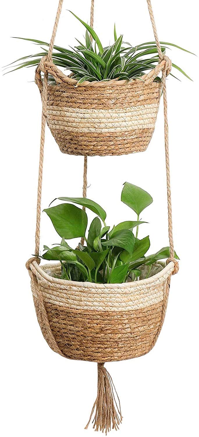 KAHEIGN Hanging Seagrass Planter Basket, 2 Size Woven Plant Pot Indoor Outdoor - Flower Pots Cover Storage Basket Plant Containers for Home Decor (Beige)