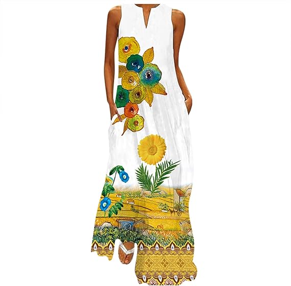 Amazon Co Jp ノースリーブ ワンピース 大きいサイズ マキシワンピース 綿麻 着痩せ ナチュラル リネンワンピース ロング丈 Vネック 花柄 オシャレ ロングワンピース ゆったり 体型カバー 袖なし ドレス 夏 リゾート 女子会 カジュアル デート 服 ファッション小物
