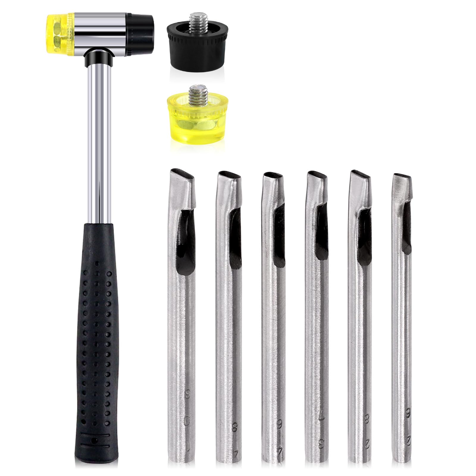 Glarks 9Pcs Rubber Hammer and Oval Hole Punch Set, Double-Faced Soft Hammer Mallet with Replacement Heads and 6 Sizes Hollow Hole Punch Cutter Kit for Leather Belts Watch Bands Crafts