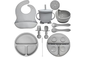 HippoBaby Baby Led Weaning Supplies | 10 Piece Silicone Feeding Set | Baby Toddler Bib Cup Divided Plate and Bowl Self Feeding Spoons Dish Set | Baby Utensils | Toddler Feeding Supplies (Cloud)