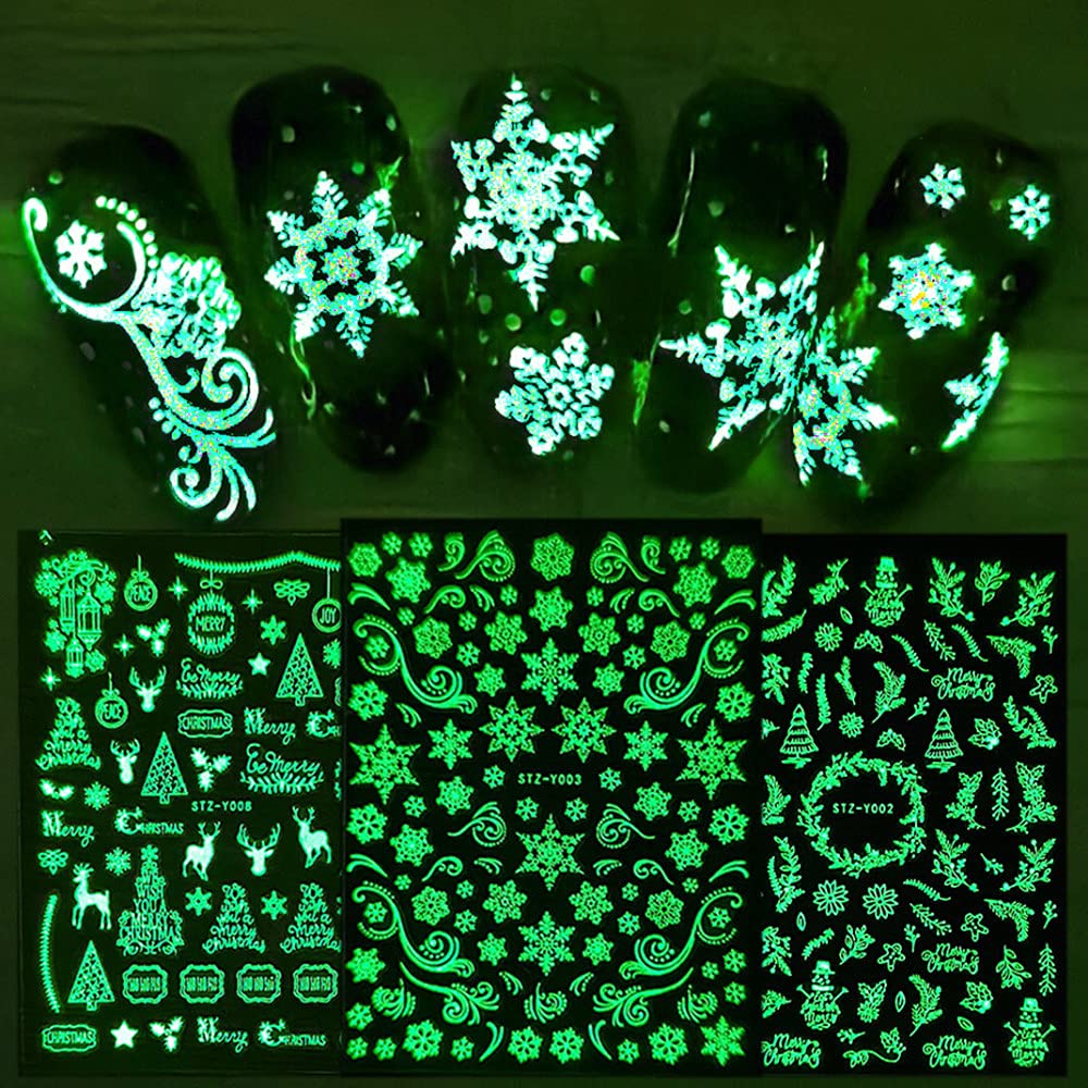 JMEOWIO 9 Sheets Christmas Glow in The Dark Nail Art Stickers Decals Self-Adhesive Pegatinas Uñas Winter Holiday Snowflake Nail Supplies Nail Art Design Decoration Accessories