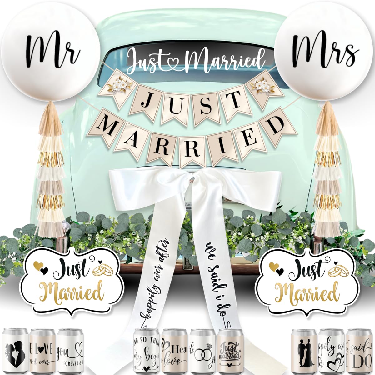 Photo 1 of 33 Pc Just Married Car Decorations – Wedding Reception & Ceremony Decor – Banners, Stickers & Balloons – Elegant Reusable Wedding Car Kit – Weather-Resistant & Easy to Apply – No Residue