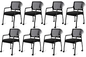 KLASIKA Ergonomic Mesh Back Armchairs with Non-Slip Mute Casters and Upholstered Fabric Thickened Seat, Reception Guest Chair with Lumbar Support for School Church Office Conference Room, Black 8Pack