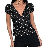 Women Y2k Gingham Short Sleeve Shirt V Neck Lace Trim Button Down Plaid Blouse Aesthetic Slim Fit Crop Top