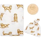 LifeTree Muslin Swaddle Blankets, Muslin Baby Boy Swaddle Blanket and Hat Set with Birth Announcement Card, Newborn Unisex Neutral Receiving Blankets Golden Retriever Pattern