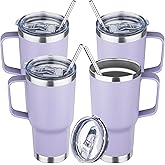 20 oz Tumbler with Handle Stainless Steel Insulated Coffee Mug Tumbler with Lid and Straw Double Wall Vacuum Insulated Coffee Mug Leak Proof Travel Tumbler for Hot and Cold Drink (Pale Purple,4pack)