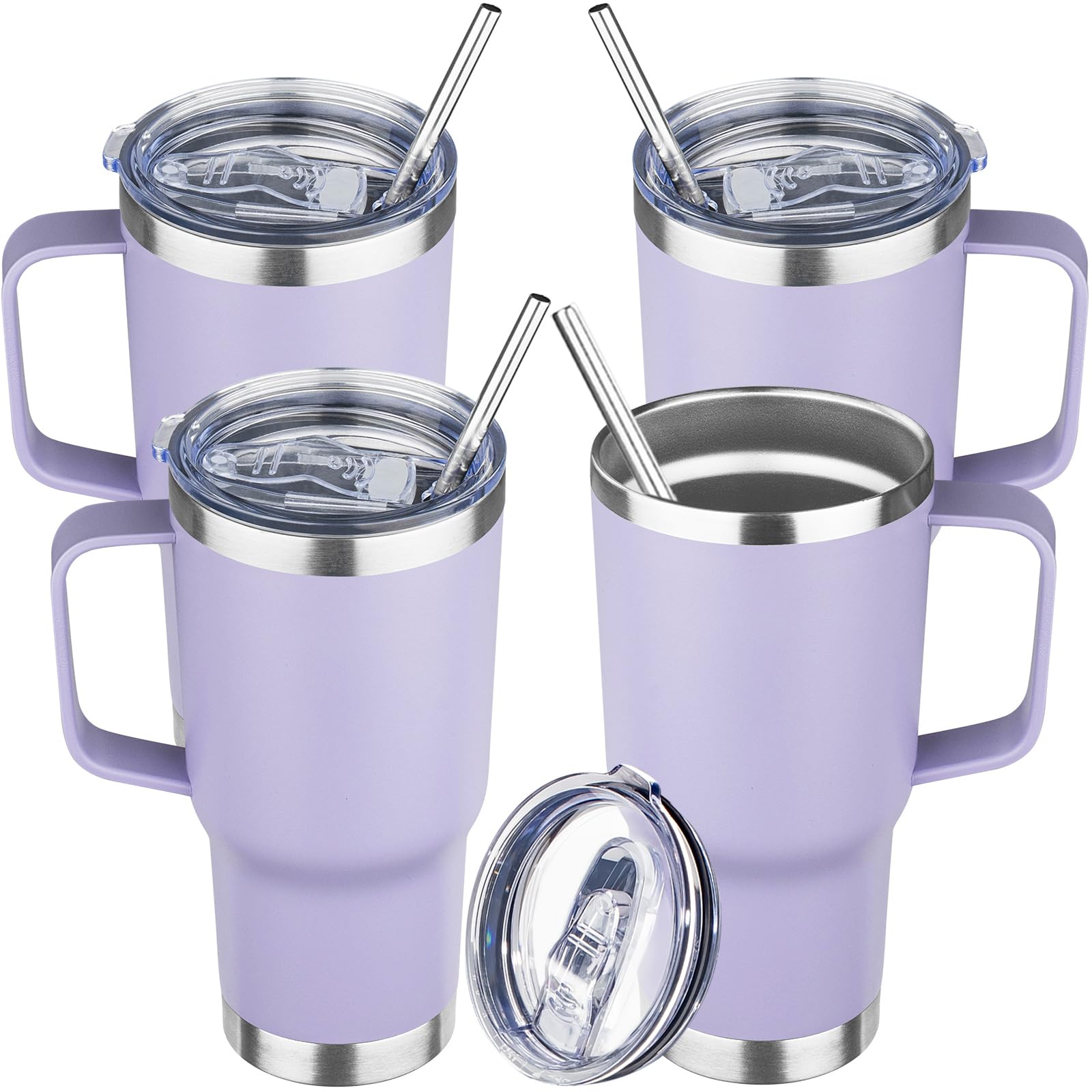 Photo 1 of 20 oz Tumbler with Handle Stainless Steel Insulated Coffee Mug Tumbler with Lid and Straw Double Wall Vacuum Insulated Coffee Mug Leak Proof Travel Tumbler for Hot and Cold Drink (Pale Purple,4pack)