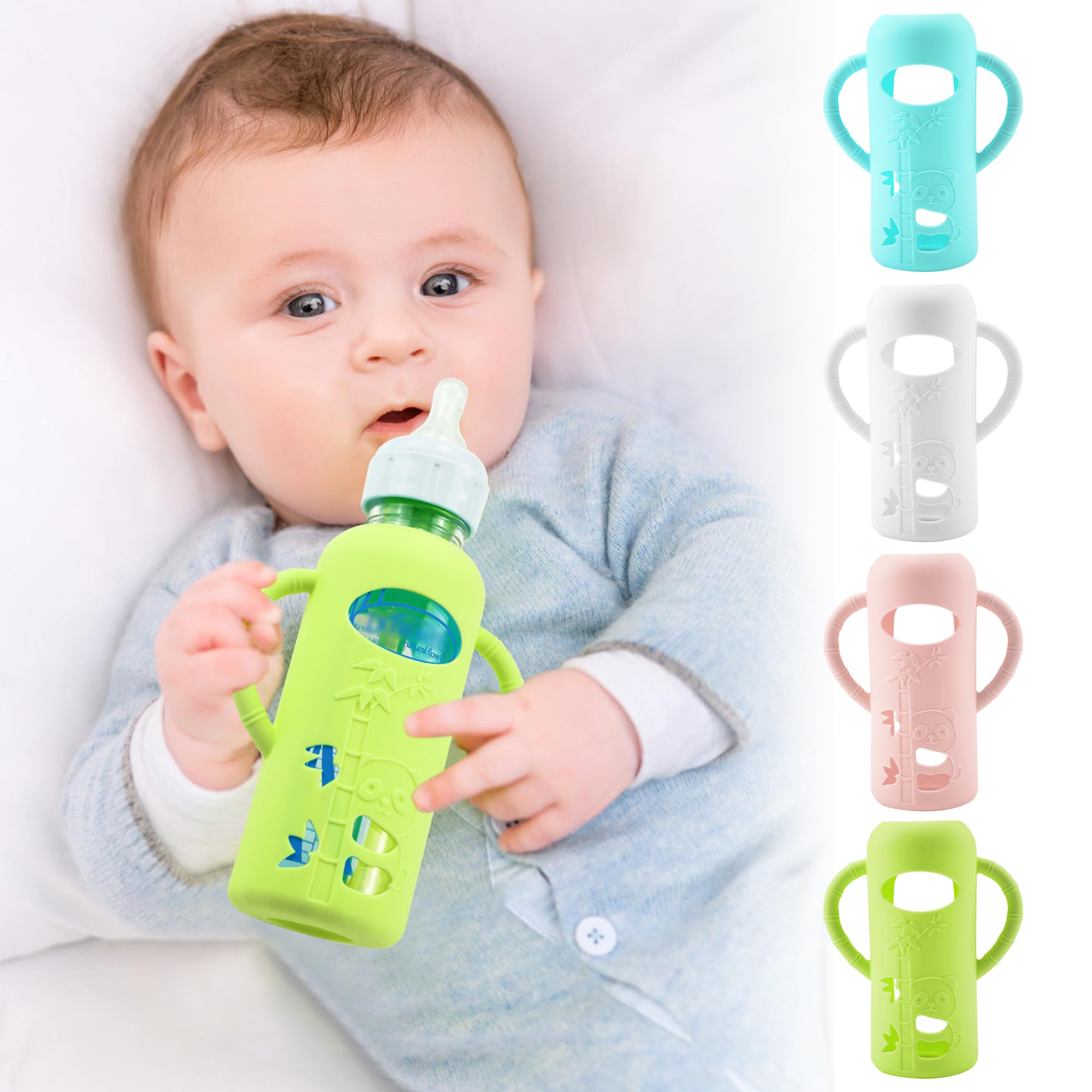 Photo 1 of 4 Pack Silicone Sleeves for Dr. Brown's Glass Baby Bottles, Anti Breakage Durable Baby Bottle Holder with Easy Grip Handles, Narrow Sleeve with a Cutout, Dishwasher/Freezer/Microwave Safe, 8 oz
