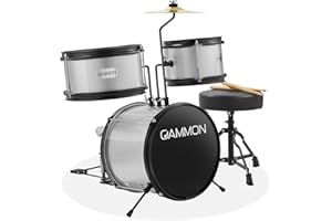GAMMON PERCUSSION Gammon 3-Piece Junior Drum Set with Throne - Silver, Complete Beginner Kit with Bass Drum, Toms, Cymbal, Pedal, and Drumsticks