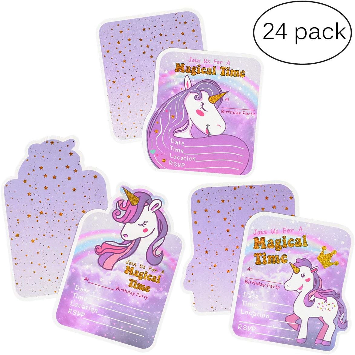 Magical Unicorn Birthday Party Invitation with Envelopes for Girls Unicorn Party Supplies &ndash; 3 Styles 24 Cards with Gold Bronzing, 24 Envelopes, 24 Unicorn Stickers