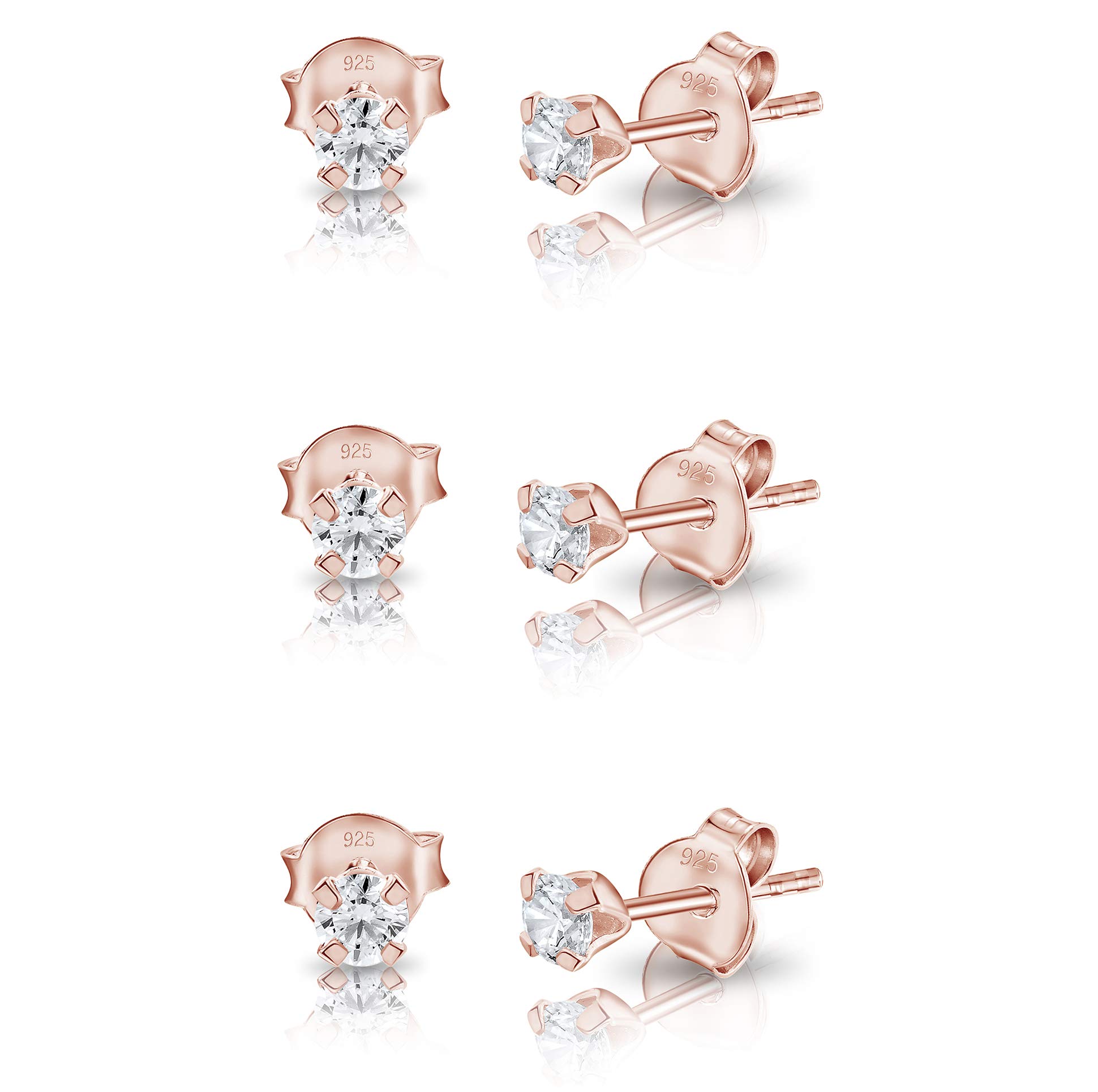 Set of 3 Rose Gold Earrings with Cubic Zirconia 3 mm - Diamond Studs Earrings for Women - Small Gold Stud Earrings with CZ - Rose Gold Earrings - Clear Studs