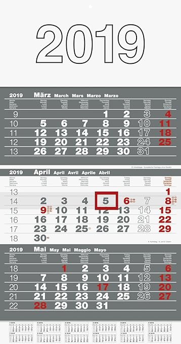 rido/idé 7033310 Wandkalender/Drei-Monats-Kalender triplan 3, 1 Blatt = 3 Monate, 300 x 520 mm, Kalendarium 2019