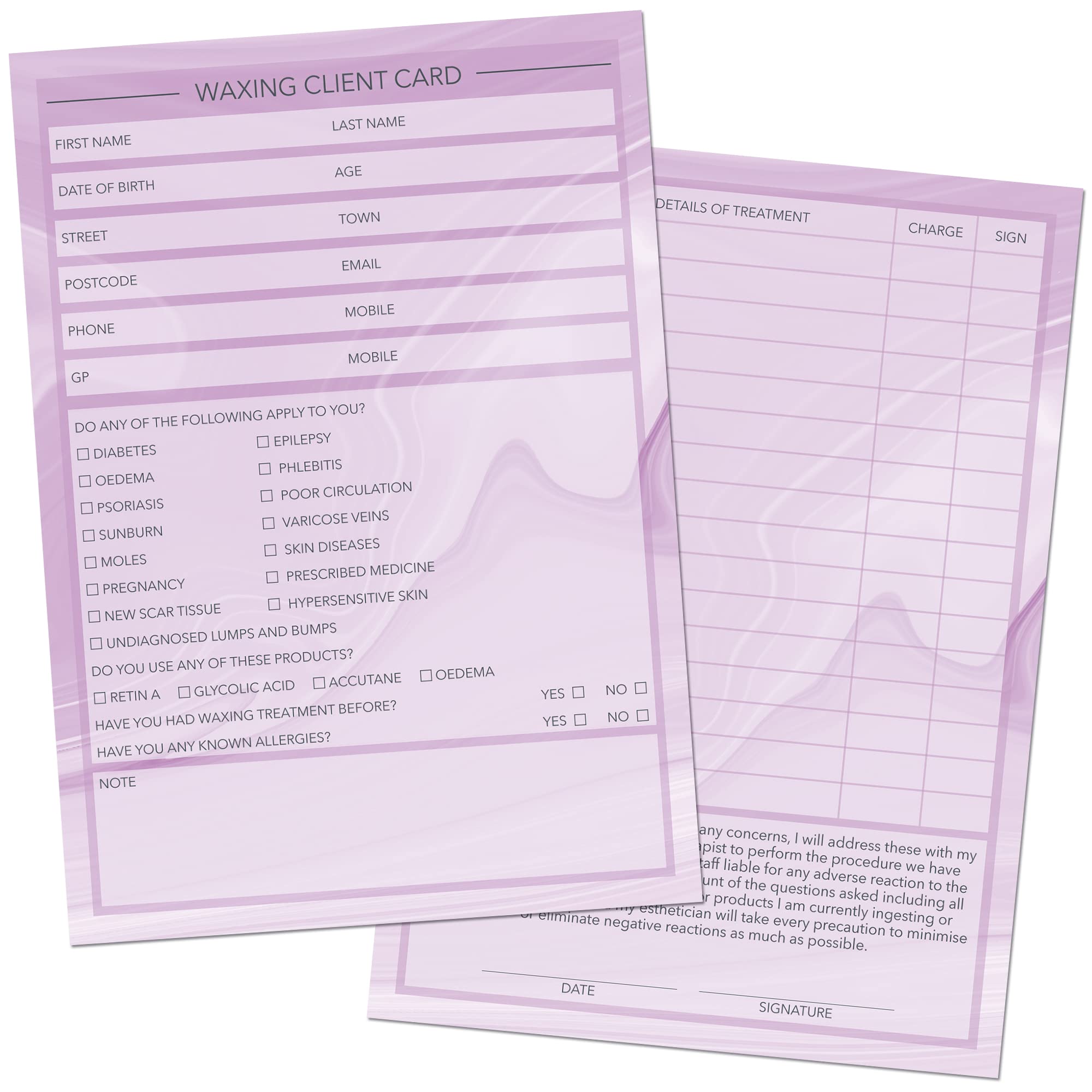Waxing Client Cards A6 Size - Salon and Therapist Customer Consultation Record - Treatment Services Essentials - Profile and Recording Forms - Beauty Stationery - 105x148mm - Pack of 50