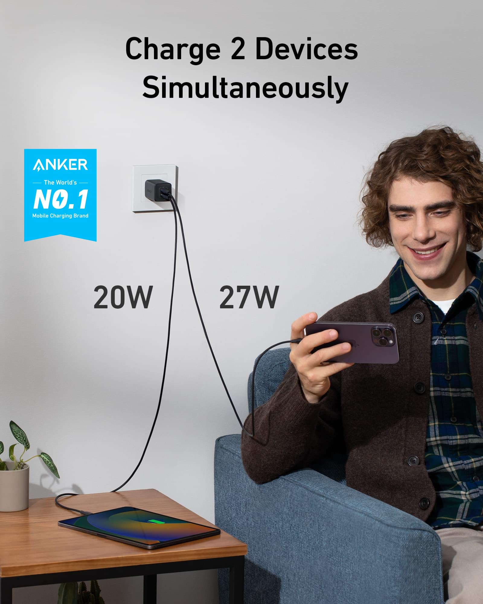 Anker Nano 47W USB C Charger, 2 Port Compact Foldable GaN Charger for iPhone 17 / 16, Galaxy, Pixel, Compatible with MagSafe (Black)