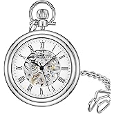Stuhrling Original Men's Pocket Watch Stainless Steel Analog Skeleton Watch Hand Wind Mechanical Movement Stainless Steel Chain