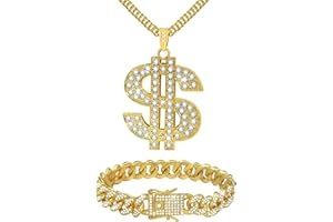 HISATAN 2 Pcs Cuban Link Gold Chain Necklace Set, 80s 90s Costume Jewelry With Big Fake Gold Chains, Dollar Sign Pendant, Hip Hop Rapper Costume Accessories for Men Women Halloween Party