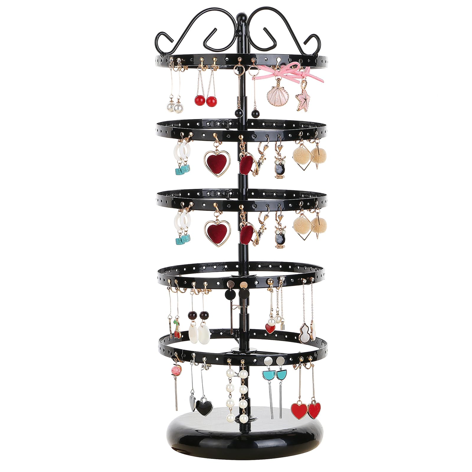 NCONCO 5 Tier Rotating Earring Holder Organizer, Adjustable Metal Jewelry Display Stand, 220 Holes Large Earring Jewelry Tree Storage Necklace Display Hanging Tower Rack for Women Girl (Black)