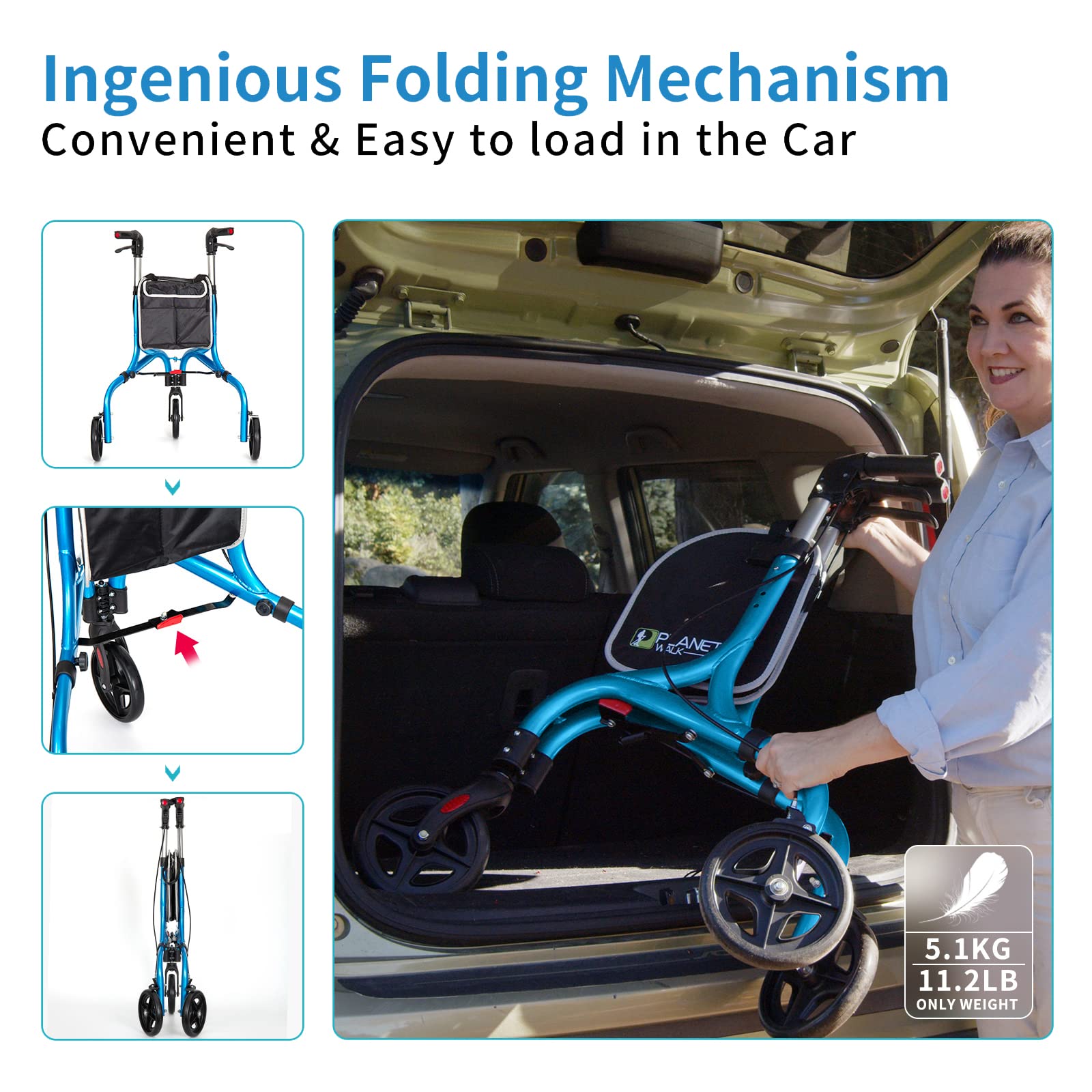 Planetwalk Premium 3 Wheel Rollator Walker for Seniors - Ultra Lightweight Foldable Walker for Elderly, Aluminum Three Wheel Mobility Aid, Brilliant Blue