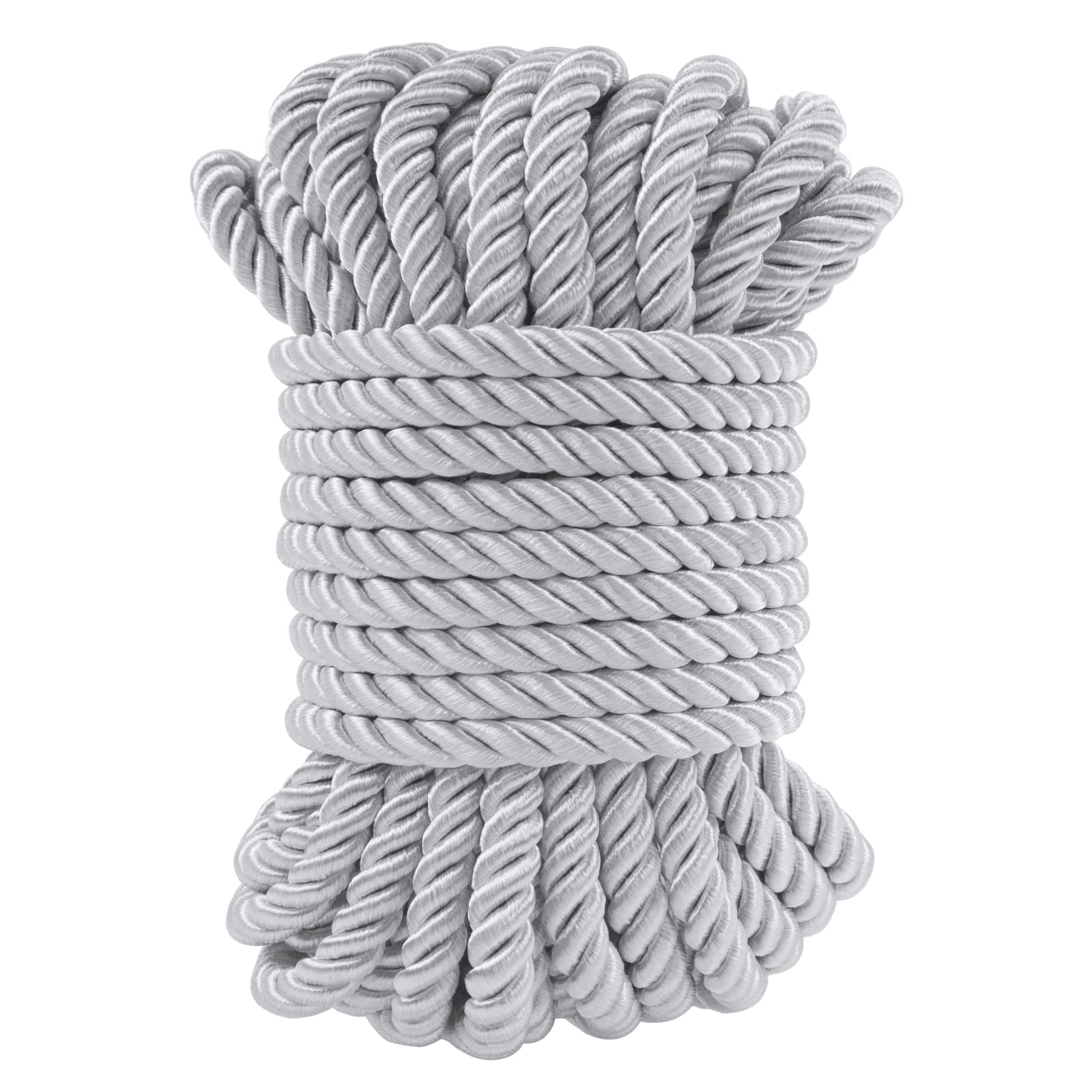 LEREATI Silver Twisted Cord Rope 7mm x 10m, 3-Ply Soft Polyester Satin Cord Trim, Decorative Twisted Macrame Rope for DIY Craft Curtain Tieback Honor-cord Gift Bags Home Decor