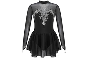 JanJean Kids Girls Figure Ice Skating Dress Long Sleeve Sparkly Rhinestone Mesh Splice Gymnastics Leotard Dress Dancewear