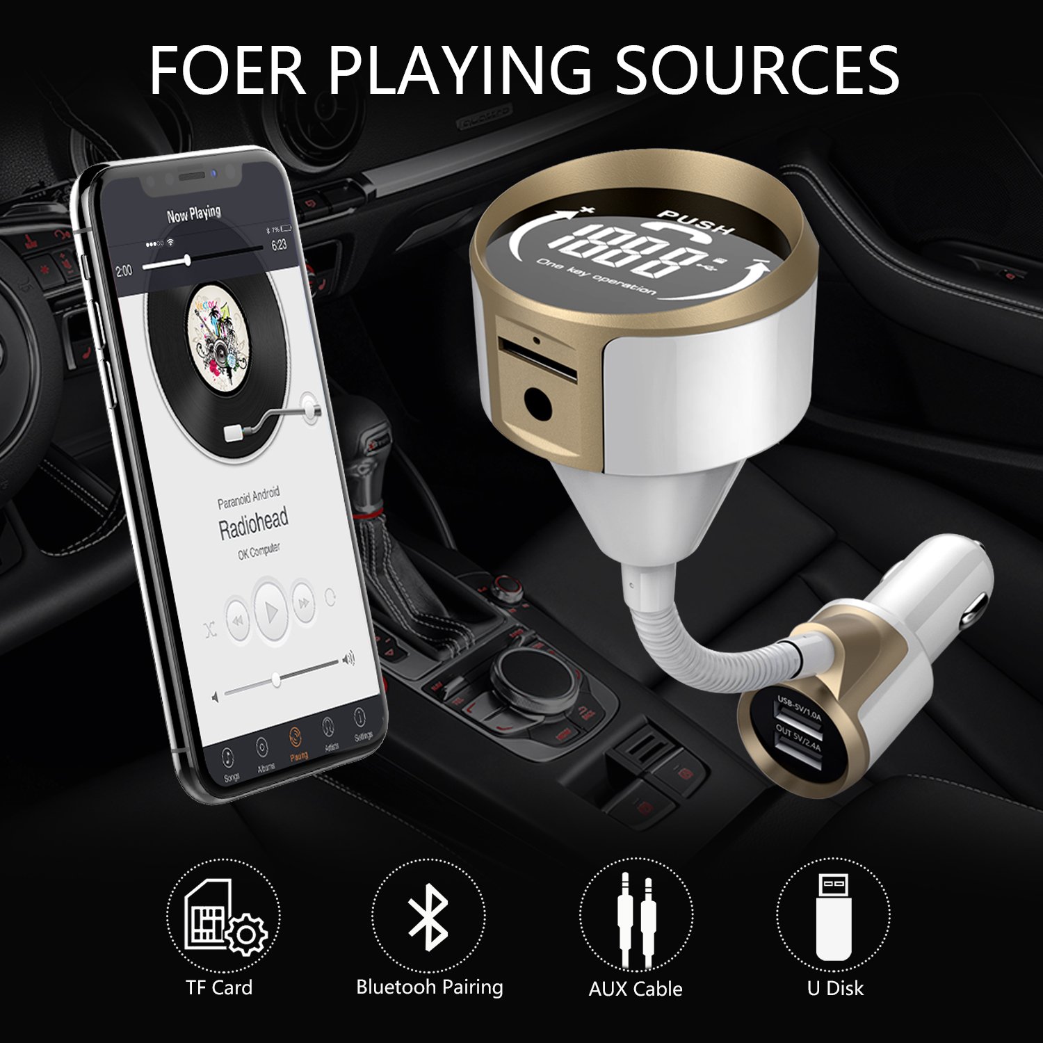 Car Bluetooth FM Transmitter, Simr Wireless Radio Adapter [One-Key Design] In-Car Hands-free Car Kit, Dual USB Car Charger, 12V 1.4 inch LCD Display AUX Output, Support TF Card U Disk Audio MP3 Player